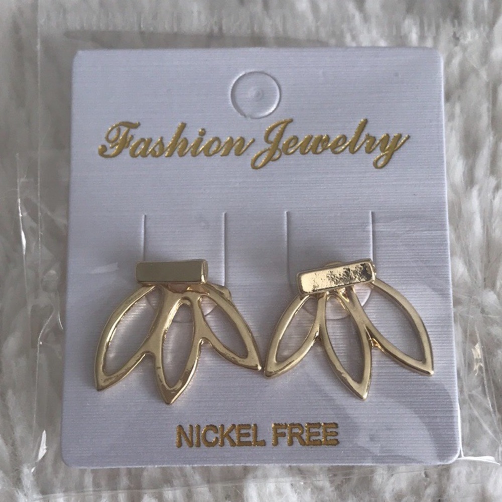 Gold Bar Lotus Earring Studs - Picture 3 of 3